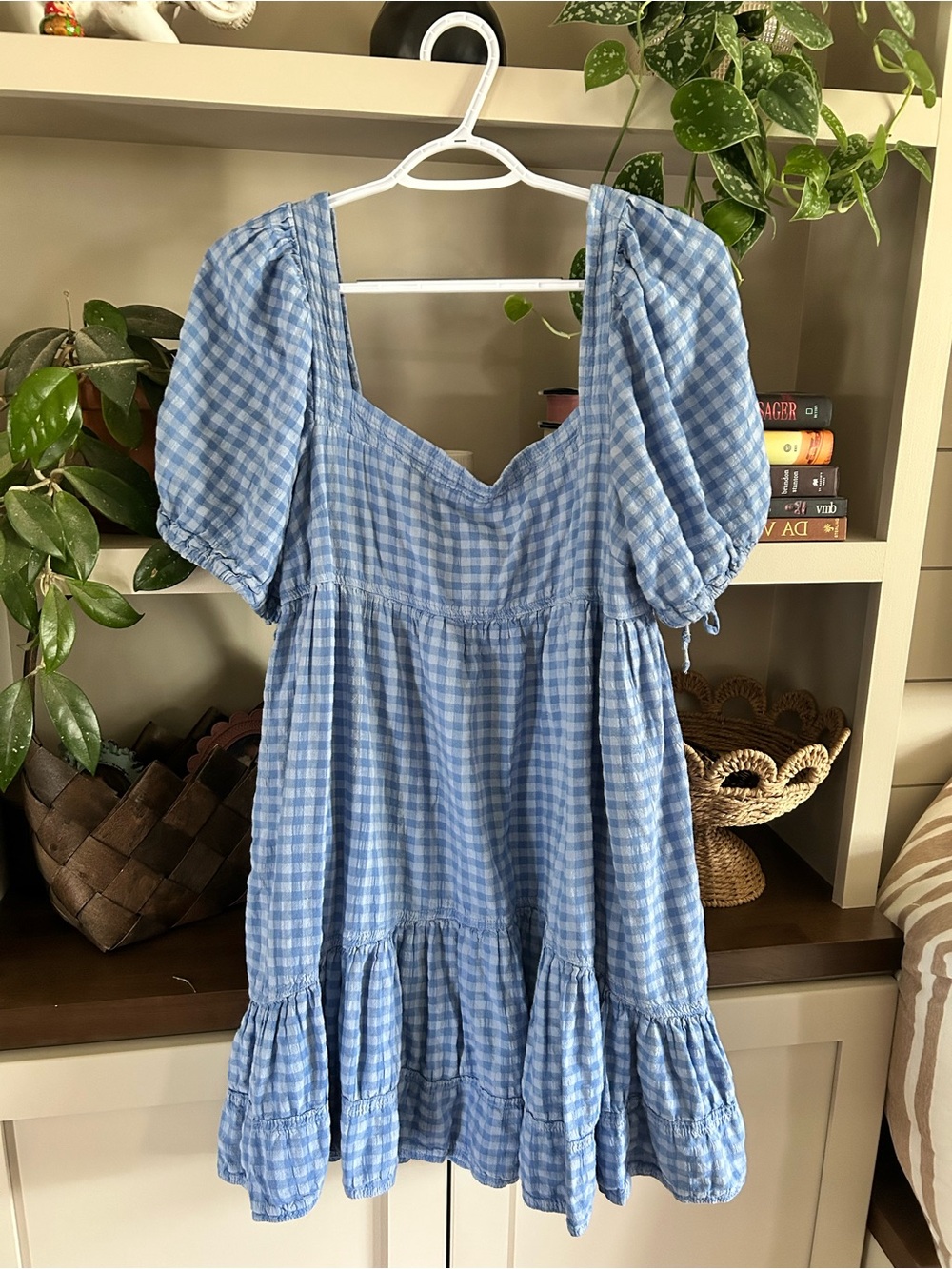 Pilcro/Anthropologie Blue Gingham Puff-Sleeve Mini Dress